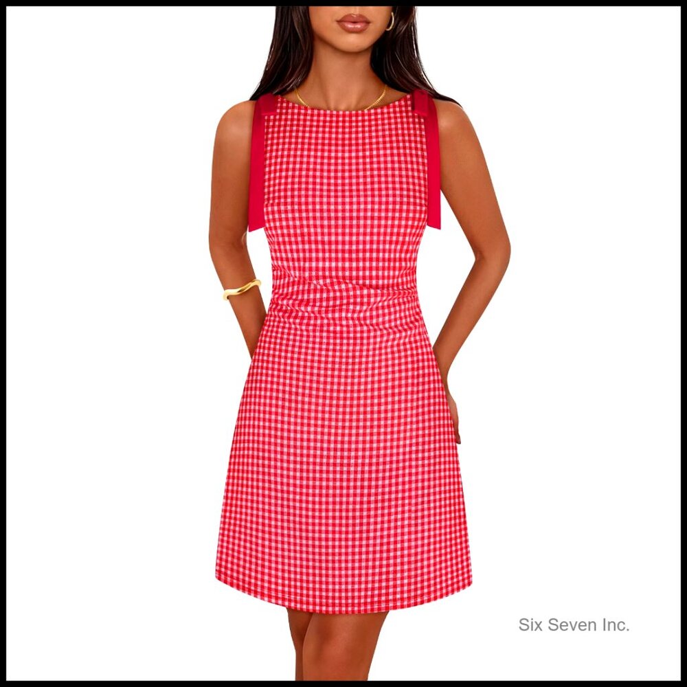 Gingham Mini Dress Ruched Waist Sleeveless Boat Neck Cocktail Party Y2k